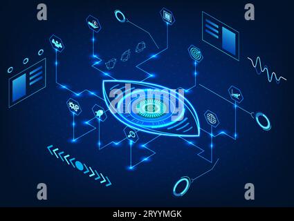 Eye technology with smart technology Refers to looking for flaws in business or working industries by using intelligent technology to solve problems q Stock Vector