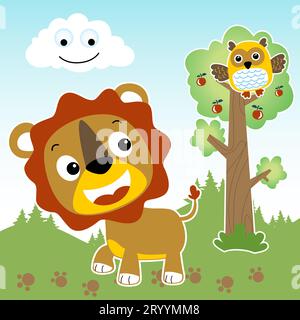 Cute lion and owl in the forest with smiling sun, vector cartoon illustration Stock Vector