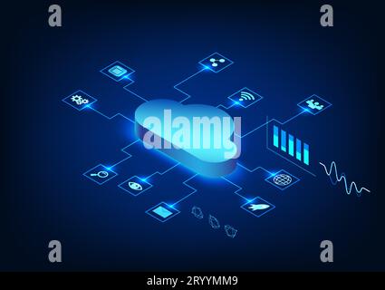 Isometric smart technology, a circuit connected to cloud technology that sends data over a secure Internet system. The back is a number code running a Stock Vector