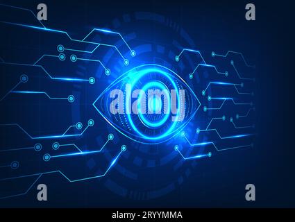 Eye technology connected to the technology circuit board with a technology circle behind the grid Refers to looking for new technology to solve proble Stock Vector