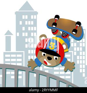 Cute bear playing skateboard on buildings background, vector cartoon illustration Stock Vector
