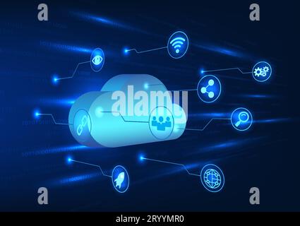 Smart technology circuit connected to cloud technology that sends data through a secure internet system On the back is a numeric code that runs along Stock Vector