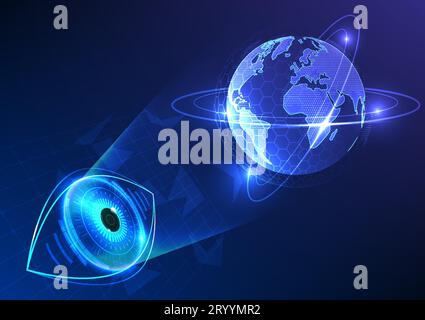 Eye technology looks at a globe with a ring around it. Global internet network connection concept providing access to information, communication, inte Stock Vector