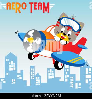 Funny kitten on airplane with buildings background, vector cartoon illustration Stock Vector