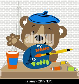 Cute bear the best painter on Eiffel tower background, vector cartoon illustration Stock Vector