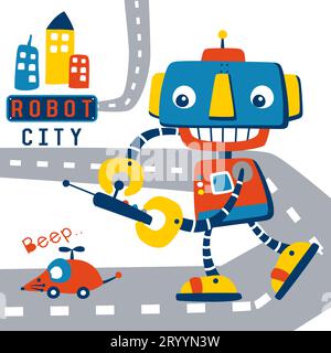 Funny robot operating remote control, vector cartoon illustration Stock Vector