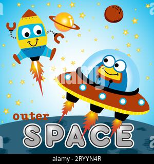 Cute alien on UFO with funny rocket, space elements illustration, vector cartoon illustration Stock Vector