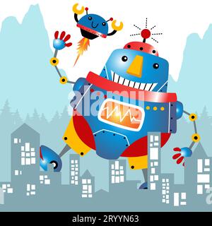 Giant robots attack the city, vector cartoon illustration Stock Vector