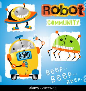 Three funny robots in action, vector cartoon illustration Stock Vector