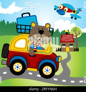 Cute bear driving car within homecoming trip on rural scene background, funny airplane flying, vector cartoon illustration Stock Vector