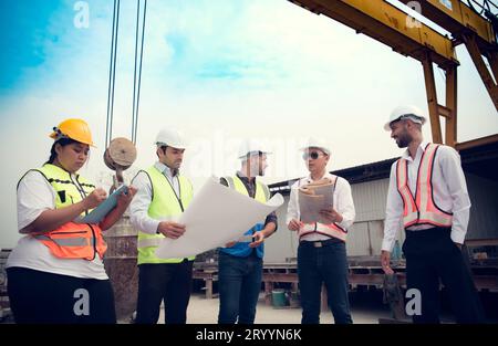 Architects a visit to the construction site. Ready to talk the progress of construction projects in the construction area with c Stock Photo