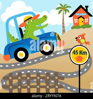 Cute crocodile driving car on rural scene background, little bird perching on road sign, vector cartoon illustration Stock Vector