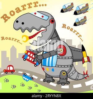 Giant monster robot attack city, rampaging in the road, fighter jet guarding city, vector cartoon illustration Stock Vector