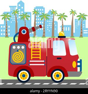 Firetruck with palm tree on buildings background, T-shirt design for kids, vector cartoon illustration Stock Vector