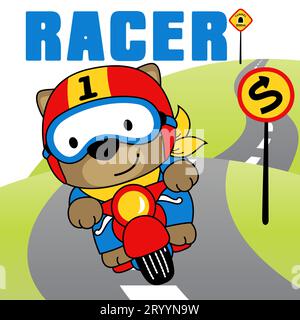 Cute bear riding a motorcycle in the road, vector cartoon illustration Stock Vector