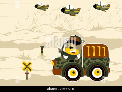 Cute bear on military truck with fighter jet in battlefield, vector cartoon illustration Stock Vector