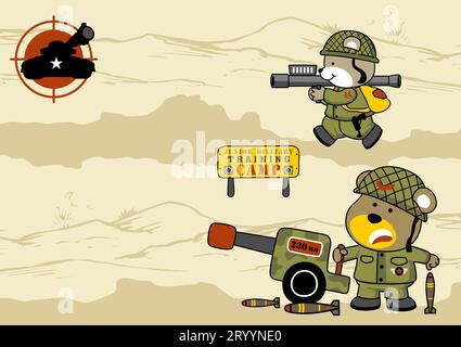Funny animals soldier with gun in battlefield, vector cartoon illustration Stock Vector