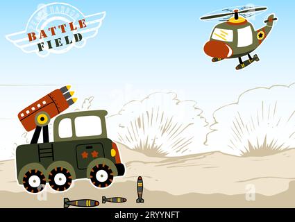 Military truck with missile versus military helicopter within, battlefield vector cartoon illustration Stock Vector