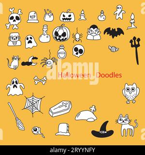 doodle halloween horror set illustration vector hand drawn isolated on orange background Stock Vector