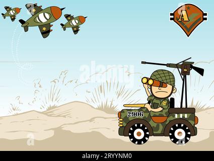 A soldier driving military car with fighter jet within battlefield, vector cartoon illustration Stock Vector