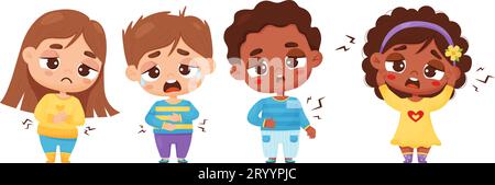 Sick kids. Collection diversity boys and girls suffering from stomach ailments and headache, pain. Vector illustration. isolated sad male and feminine Stock Vector