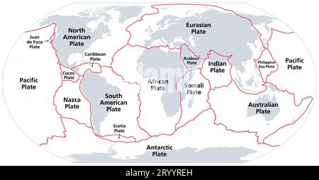 Principal tectonic plates of the Earth, gray map. The sixteen major pieces of crust and uppermost mantle of the Earth, called the lithosphere. Stock Photo