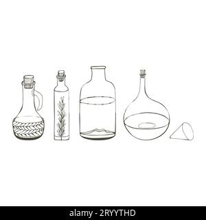 A set of glass bottles for olive oil. Design of bottles for oil production. Vector illustration Stock Vector