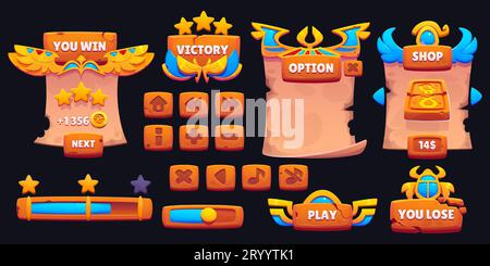 Egyptian game user interface elements and buttons. Cartoon vector illustration set of ui menu and bar badges with ancient Egypt traditional decorative golden items with scarab, eye and dog symbols. Stock Vector