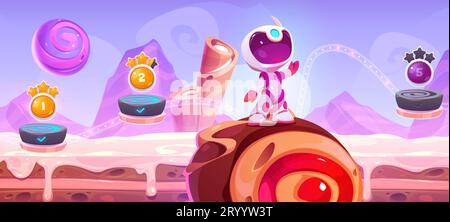 Candy game level map with road in sky cartoon illustration. Food space background and galaxy world design. Colorful funny ui app concept with chocolate in cosmos. User progress interface screen Stock Vector