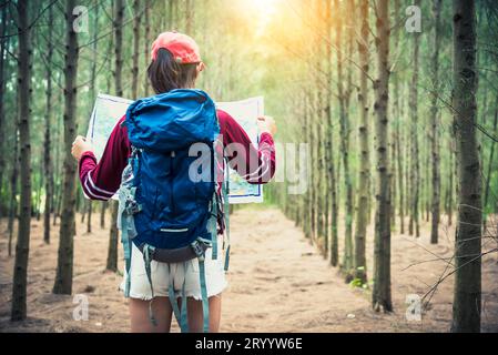 Female tourist travel in pine woods trip hiking during vacation. Travel and Wild nature concept. Lifestyle and activities of wom Stock Photo