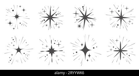 Christmas star shine. Glitter light magic icons. Twinkle sparkles with glow. Bright doodle symbols. Vector decoration Stock Vector