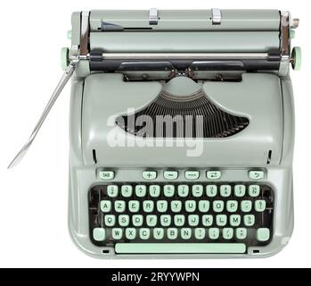 Retro vintage green typewriter isolated on white background. Top view Stock Photo