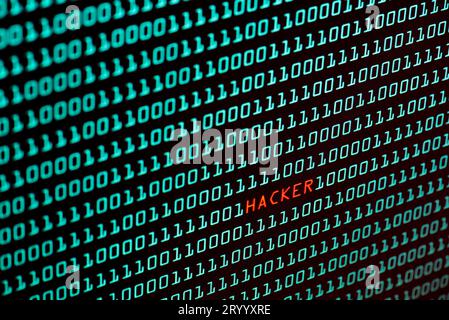 Hacker text and binary code concept from the desktop screen, selective focus Stock Photo