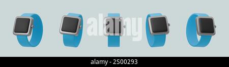 Set of 3d Modern smartwatch on a with blue strap. Vector illustration appropriate for technology fitness and notifications Stock Vector