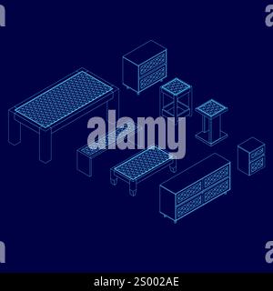 Outline furniture set in isometric view. Vector illustration Stock Vector