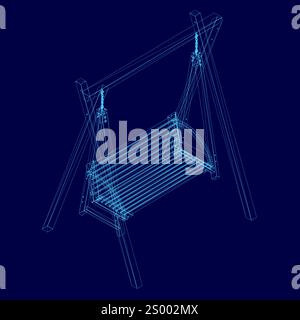 wooden classic outdoor hanging patio porch swing bench furniture with ropes isolated on blue background. 3d. vector illustration. Isometric view Stock Vector