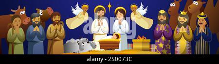Festive horizontal banner with cartoon style Nativity scene. Mother Mary, Joseph, baby Jesus, 3 shepherds and three kings, singing angels worshiping Stock Vector