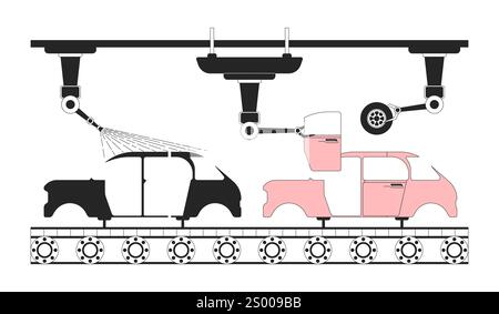 Automotive assembly line black and white 2D object Stock Vector