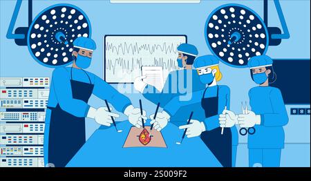 Multicultural doctors performing surgery flat illustration Stock Vector