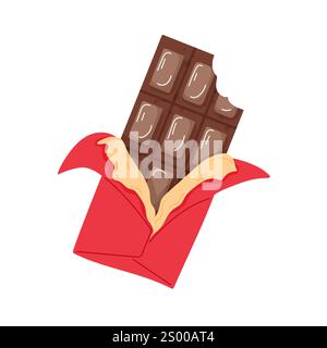 Bitten chocolate bar in a vibrant red wrapper in mocha mousse color. Cartoon style sweet treat for Valentines Day themes. Isolated on white background Stock Vector