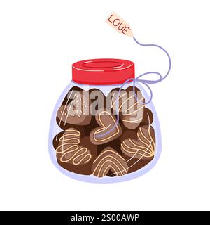 Jar filled with heart shaped chocolate in cartoon style. Perfect for Valentines Day, romance themed project or bakery. Isolated on white background. Stock Vector