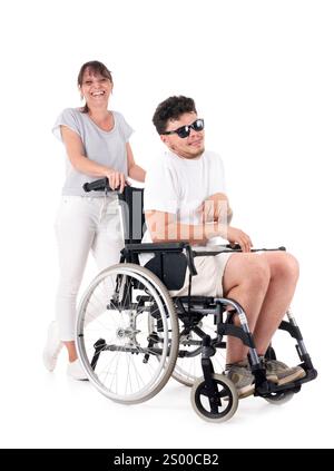 black wheelchair in front of white background Stock Photo