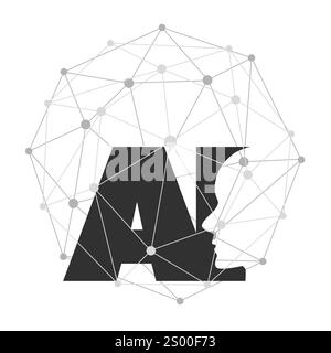 Black and White Machine Learning, Artificial Intelligence, Digital Global Networks Banner Design Concept with Polygonal Globe and AI Letters, Label - Stock Vector