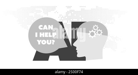 Black and White Machine Learning, Artificial Intelligence, Chat Bot, Cloud Computing and Networks Design Concept with AI Label, World Map, Robot Head Stock Vector