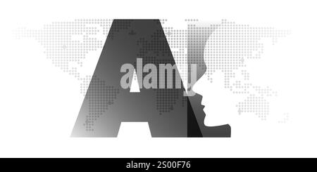 Black and White Machine Learning, Artificial Intelligence, Cloud Computing and Networks Banner Design Concept with World Map and AI Label - Vector Tem Stock Vector