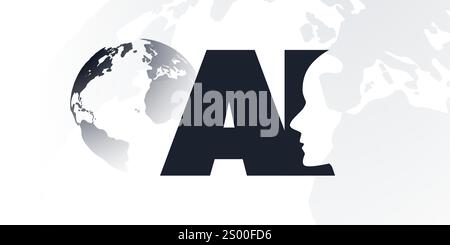 Black and White Machine Learning, Artificial Intelligence, Cloud Computing and Global Networks Concept with Earth Globe, Map, Robot Face Profile and B Stock Vector