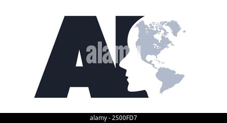 Black and White Machine Learning, Artificial Intelligence, Cloud Computing and Global Networks Concept with Earth Globe, Robot Face Profile and Big AI Stock Vector