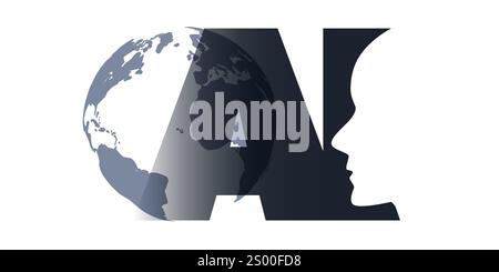 Black and White Machine Learning, Artificial Intelligence, Cloud Computing and Global Networks Concept with Earth Globe, Robot Face Profile and Big AI Stock Vector