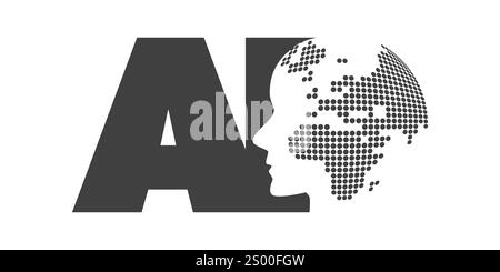 Black and White Machine Learning, Artificial Intelligence, Cloud Computing and Global Networks Design Concept with Dotted Earth Globe Inside a Robot H Stock Vector