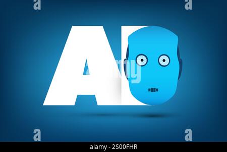 AI, MI, Deep Learning and Future Technology Concept Design with Artificial Intelligence Acronym Label and Robot Head - Concept For Web and Modern Tech Stock Vector